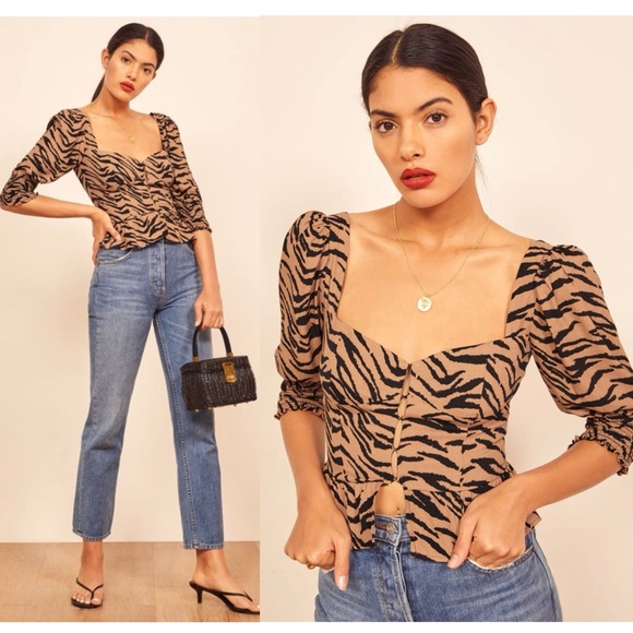 Reformation Tops - NWT REFORMATION Tiger Stripe Sweetheart Neck Puff Sleeve Peplum Coquette Top 0